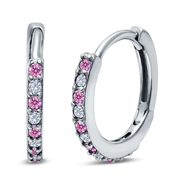 Half Eternity Hoop Earrings Round Simulated Pink Cubic Zirconia 925 Sterling Silver (16mm)